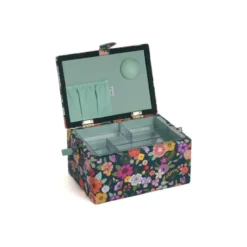Boite à couture - Motif fleurs brodées fond vert