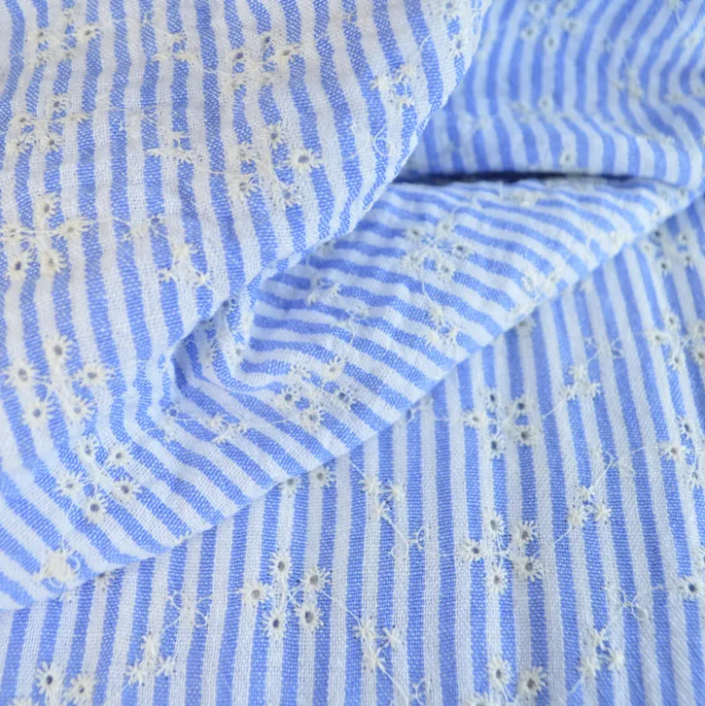 Coton brodé rayures bleu & blanc – effet lin