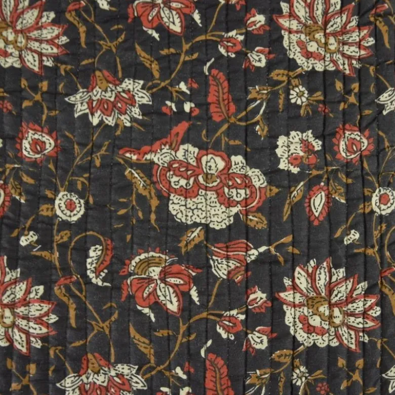 Coton matelassée Delhi motif fleurs Indienne fond Noir