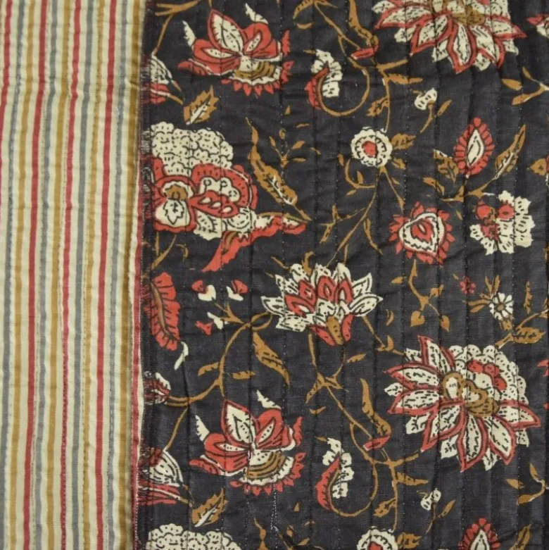Coton matelassée Delhi motif fleurs Indienne fond Noir