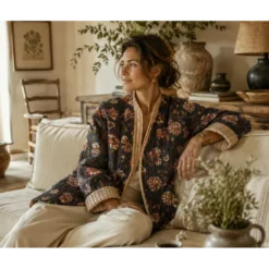 Coton matelassée Delhi motif fleurs Indienne fond Noir