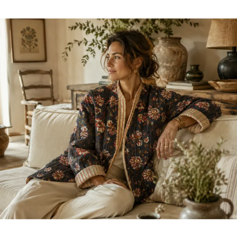 Coton matelassée Delhi motif fleurs Indienne fond Noir
