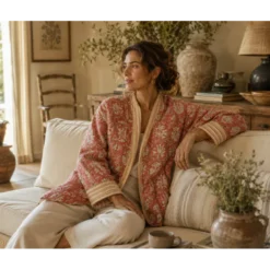 Coton matelassée Kaby motif fleurs Indienne fond terracotta