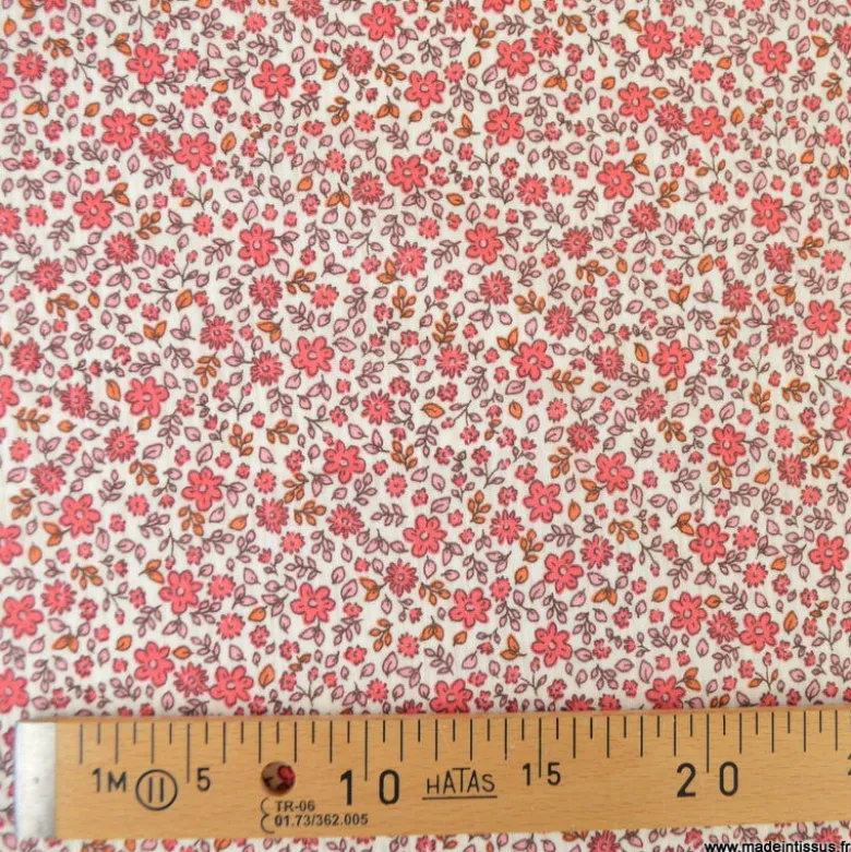 Double gaze Anouchka motif fleurs rouge fond écru - OEKO TEX