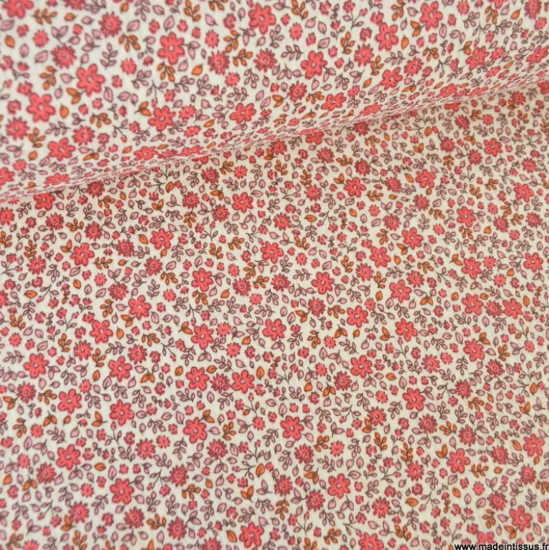Double gaze Anouchka motif fleurs rouge fond écru - OEKO TEX