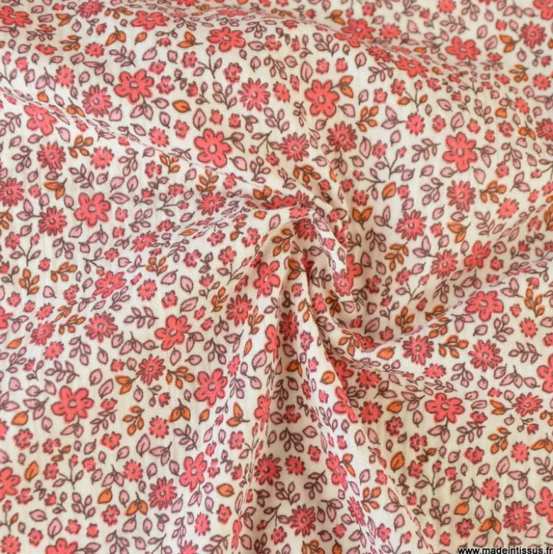 Double gaze Anouchka motif fleurs rouge fond écru - OEKO TEX