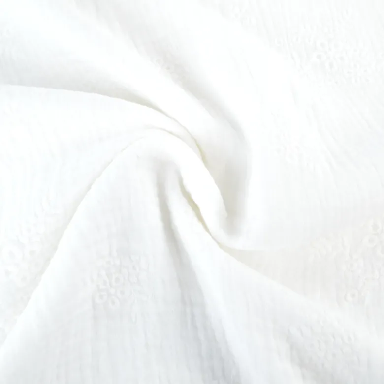 Double gaze brodée Evana motif fleurs fond blanc naturel - OEKO TEX