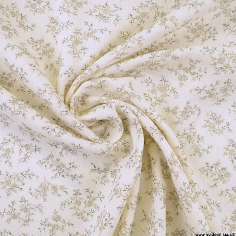 Double gaze de coton Bio & OEKO TEX Colette motifs fleurs fond Ecru