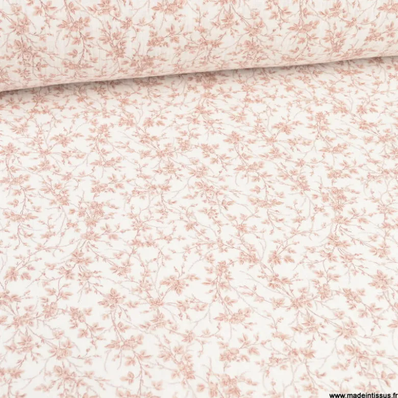 Double gaze de coton Bio & OEKO TEX Jeannine motifs fleurs roses fond Blanc rosé