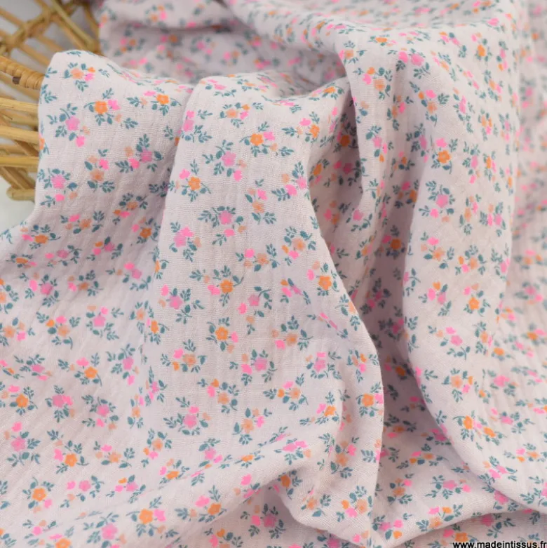 Double gaze de coton Bio, OEKO TEX Santina motifs fleurs pétrole et pointe de rose fluo