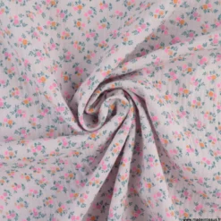 Double gaze de coton Bio, OEKO TEX Santina motifs fleurs pétrole et pointe de rose fluo