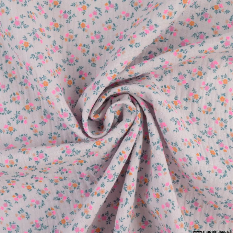 Double gaze de coton Bio, OEKO TEX Santina motifs fleurs pétrole et pointe de rose fluo