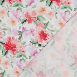Double gaze Emalie motif fleuri rose, parme et vert - OEKO TEX