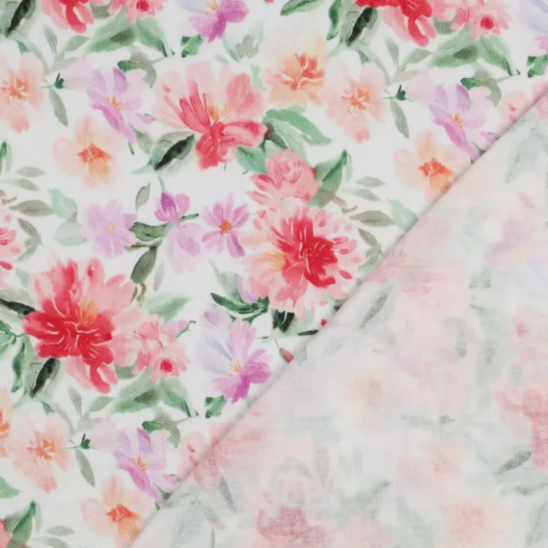 Double gaze Emalie motif fleuri rose, parme et vert - OEKO TEX