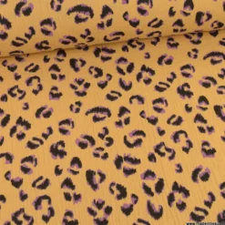 Double gaze Fauve motif léopard violet fond marron - OEKO TEX