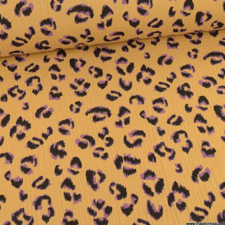 Double gaze Fauve motif léopard violet fond marron - OEKO TEX