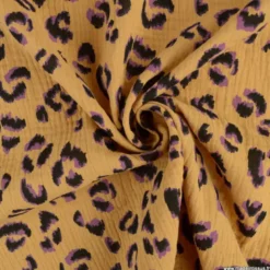 Double gaze Fauve motif léopard violet fond marron - OEKO TEX