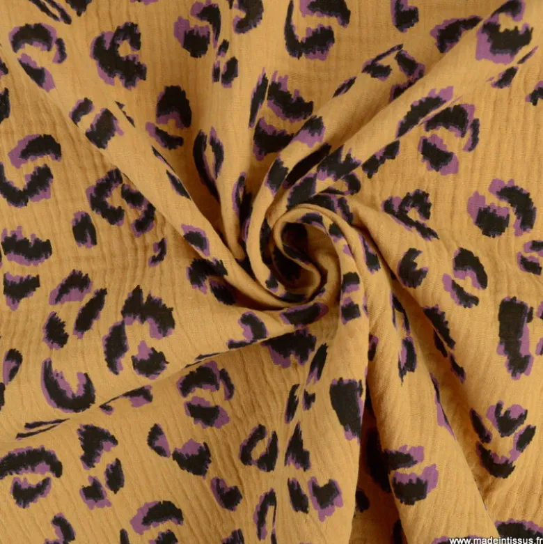 Double gaze Fauve motif léopard violet fond marron - OEKO TEX