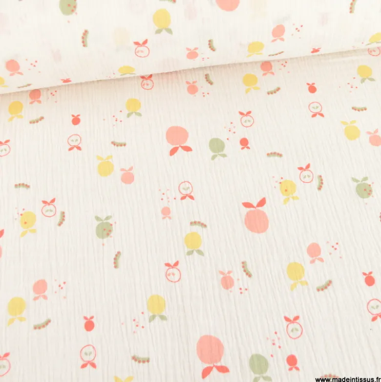 Double gaze Jogus motif fruits fond blanc - OEKO TEX