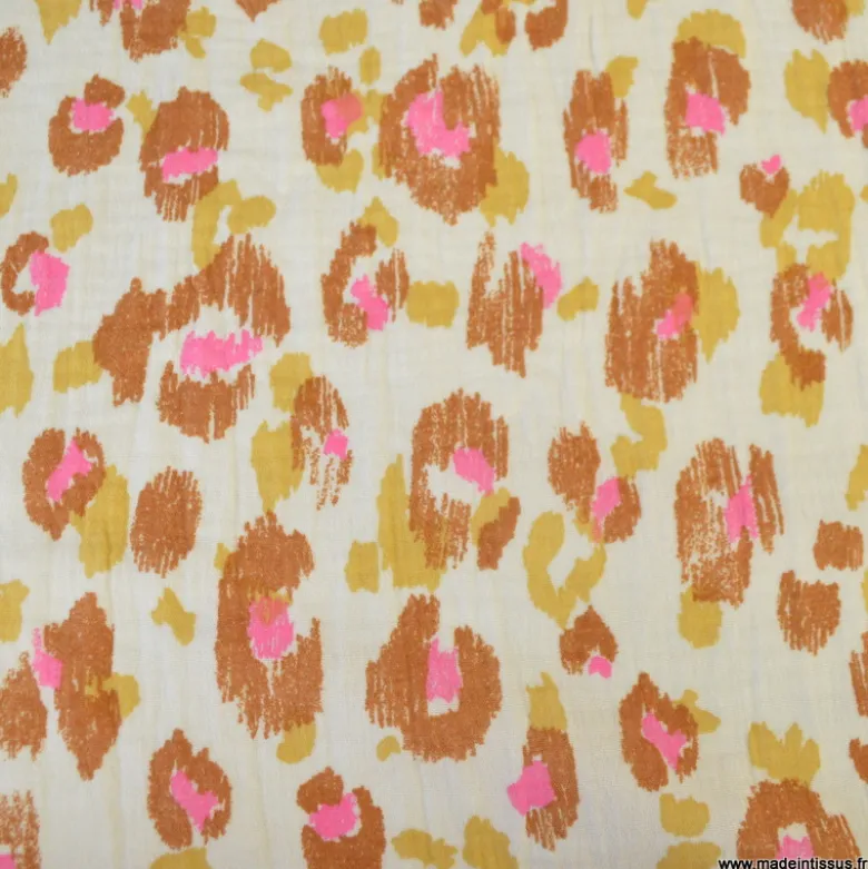 Double gaze Karula motif léopard fond écru - OEKO TEX