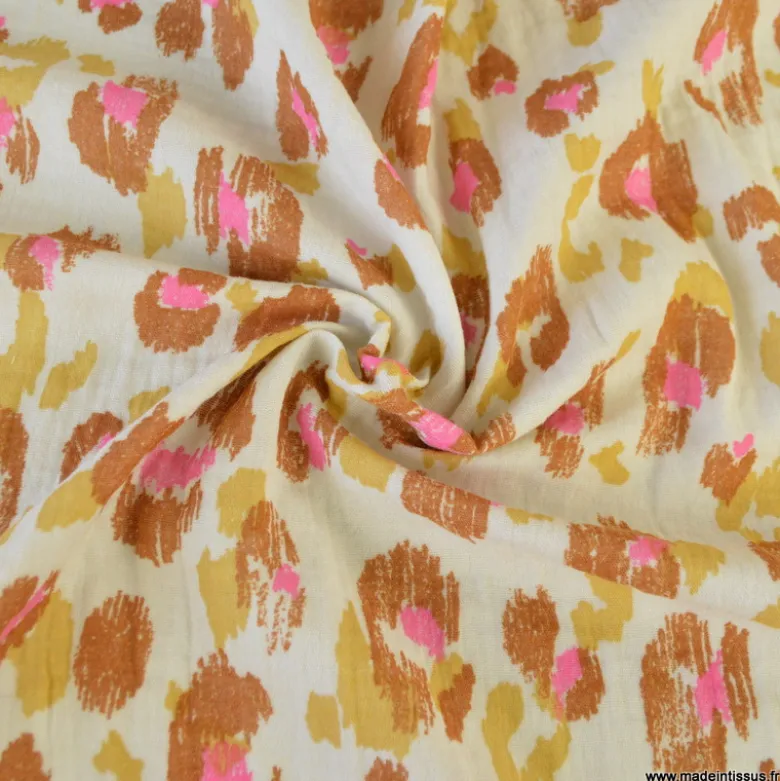 Double gaze Karula motif léopard fond écru - OEKO TEX