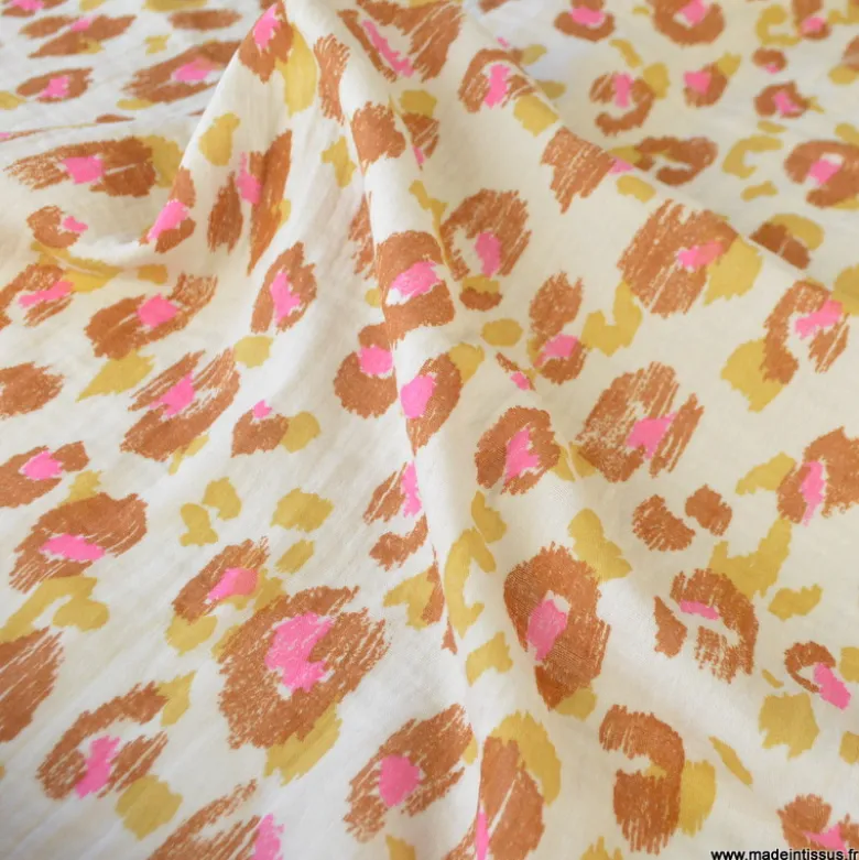 Double gaze Karula motif léopard fond écru - OEKO TEX