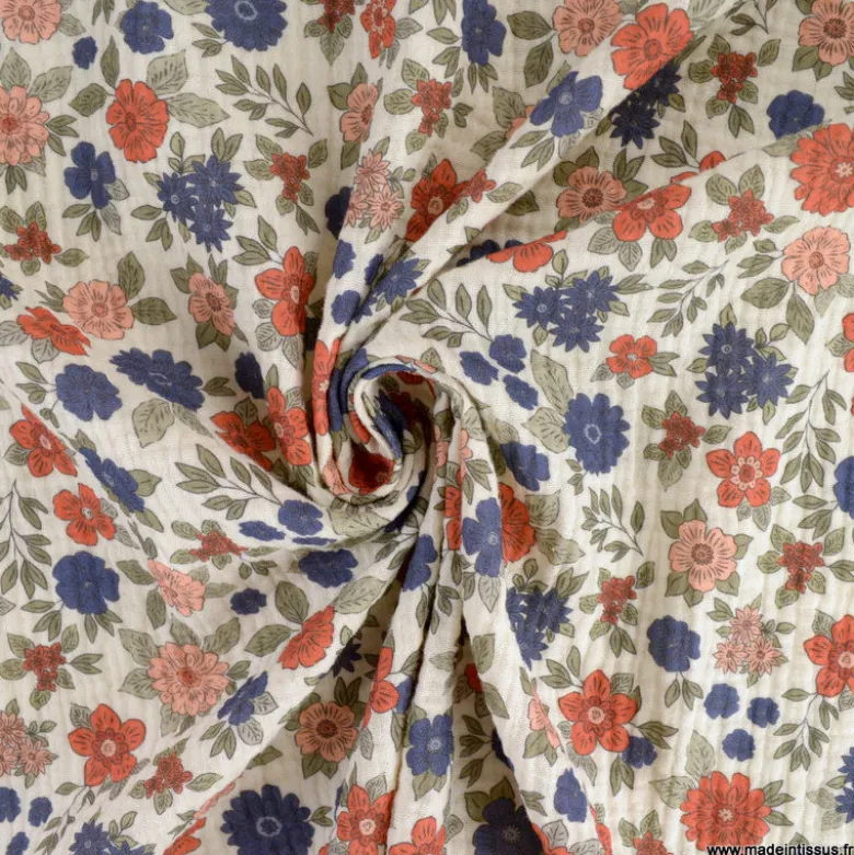 Double gaze marion motifs fleurs bleues-exclusivité made in tissus