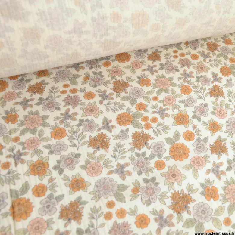 Double gaze Marion motifs fleurs camel-exclusivité made in tissus