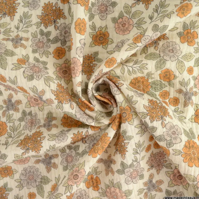 Double gaze Marion motifs fleurs camel-exclusivité made in tissus