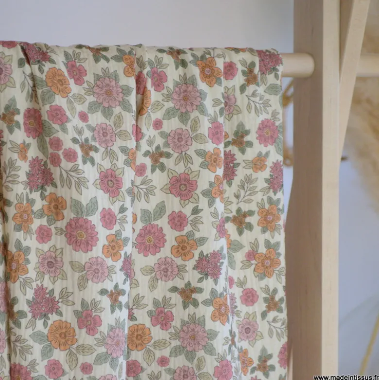 Double gaze marion motifs fleurs roses - exclusivité made in tissus