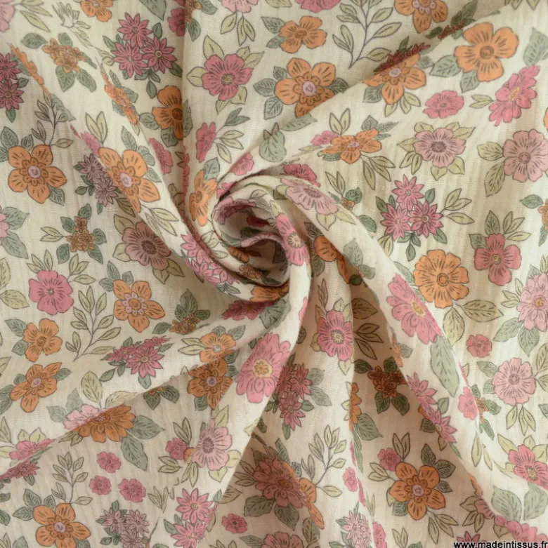 Double gaze marion motifs fleurs roses - exclusivité made in tissus