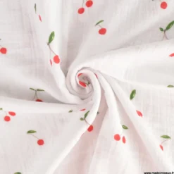 Double gaze motif grandes cerises fond blanc - OEKO TEX