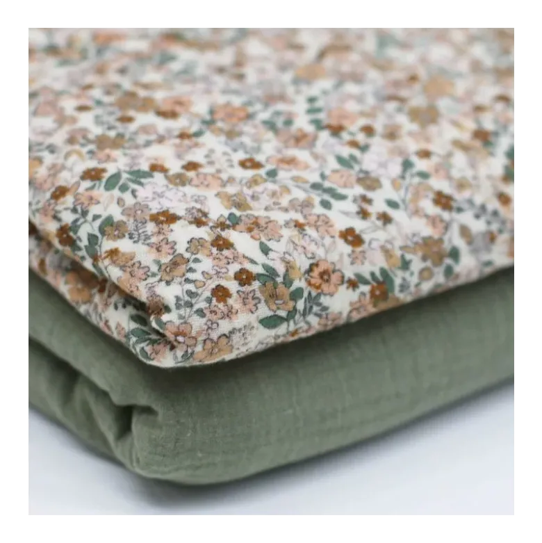 Double gaze motifs fleurs Cacao et vert