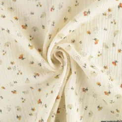 Double gaze Nelsi motif fleurs fauve fond Ecru - OEKO TEX