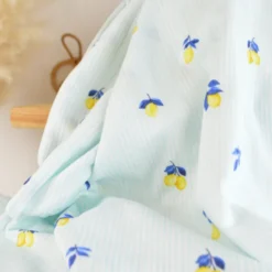 Double gaze à rayures bleues et blanches motif citrons - OEKO TEX