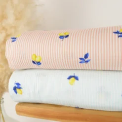 Double gaze à rayures roses et blanches motif citrons - OEKO TEX