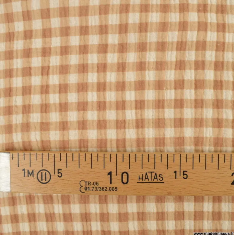Double gaze vichy caramel - exclusivité Made in Tissus