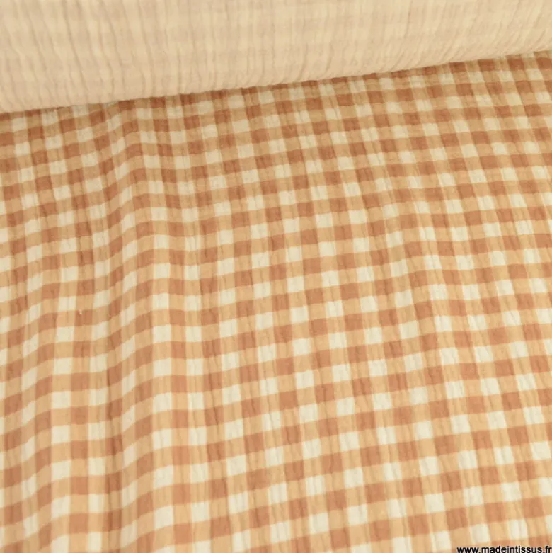 Double gaze vichy caramel - exclusivité Made in Tissus