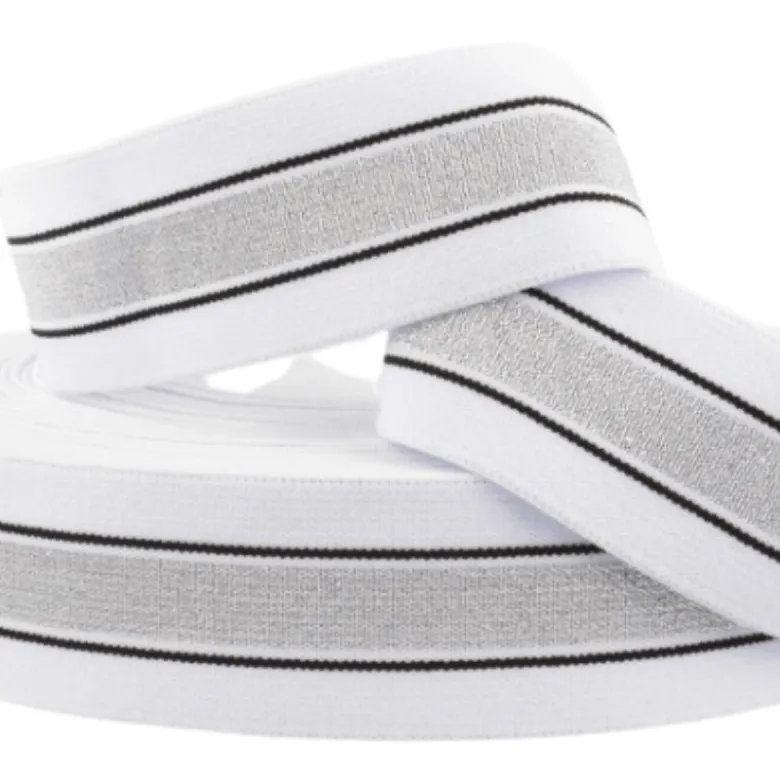 Elastique Lurex à rayures Blanc et Argent 40mm - au mètre