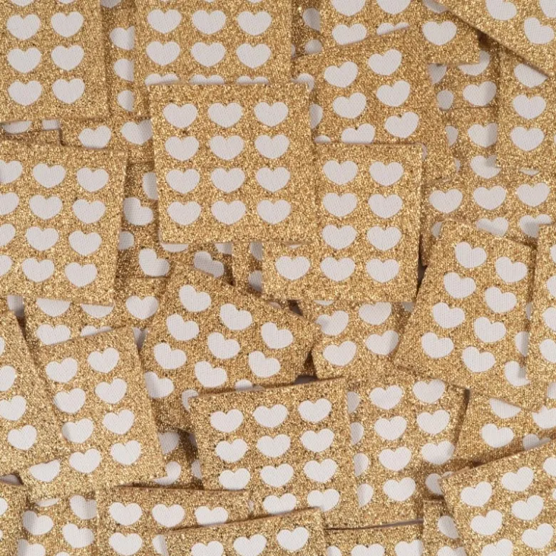 Etiquette tissée motifs petits coeurs écru fond Or - Ikatee