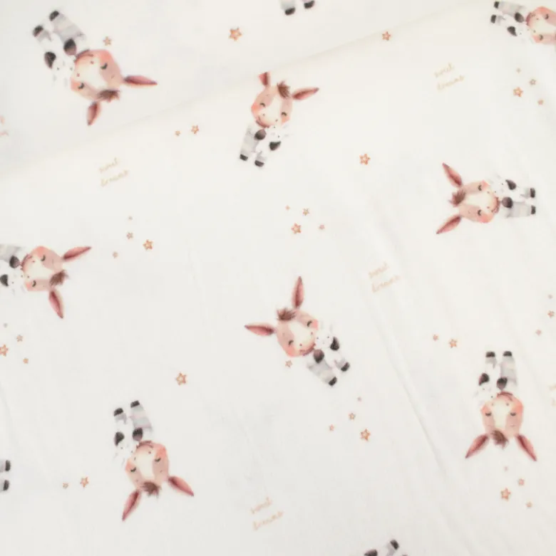 Flanelle motif ânes et étoiles fond blanc cassé