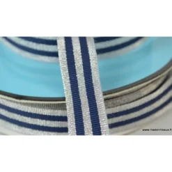 Galon Rayures Lurex Argent et Marine 15 mm