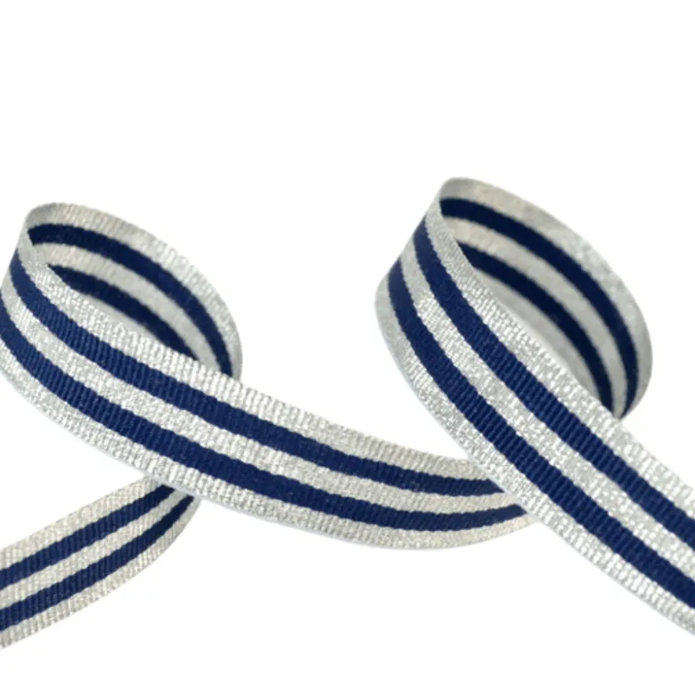 Galon Rayures Lurex Argent et Marine 15 mm