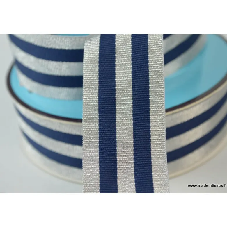Galon Rayures Lurex Argent et Marine 30 mm