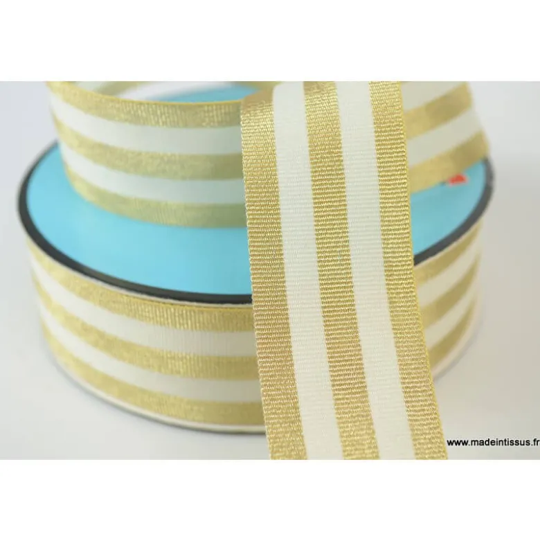 Galon Rayures Lurex Or et Ecru 30 mm