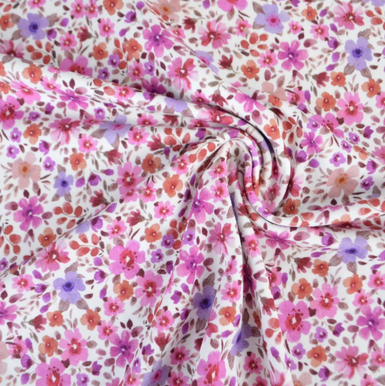 Jersey fleurs fuchsia et parme fond blanc cassé – Poppy Fabrics - OEKO TEX