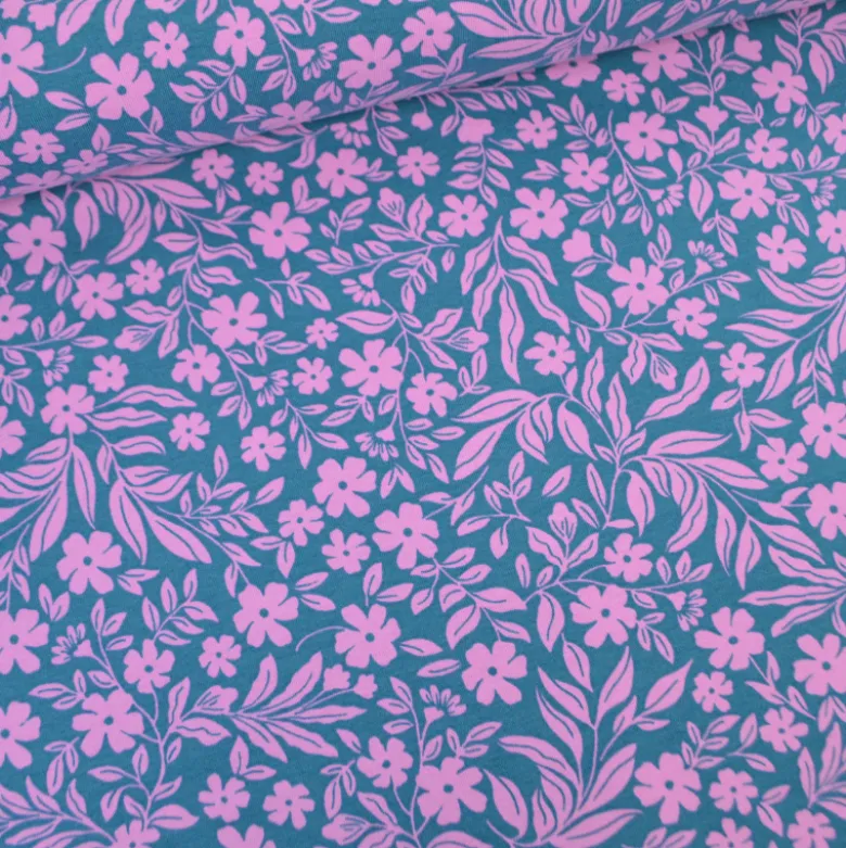 Jersey fleurs roses fond pétrole – Poppy Fabrics - OEKO TEX