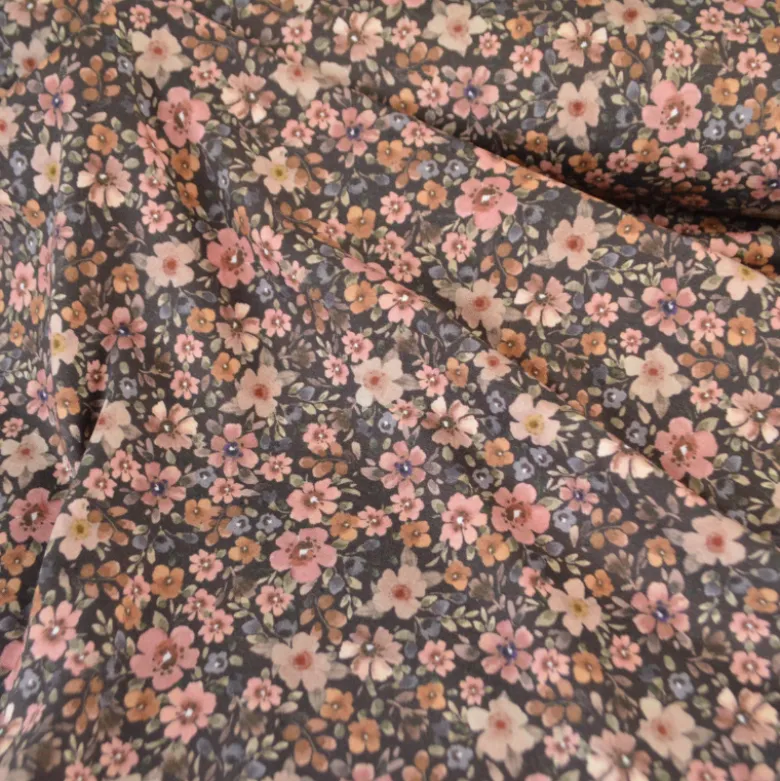 Jersey fleurs vieux rose et beige fond marron – Poppy Fabrics - OEKO TEX