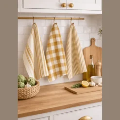 Lot de 3 torchons de cuisine Vichy et rayures Peanut & naturel