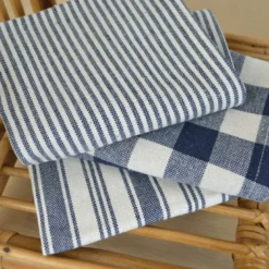 Lot de 3 torchons de cuisine Vichy et rayures Indigo & naturel